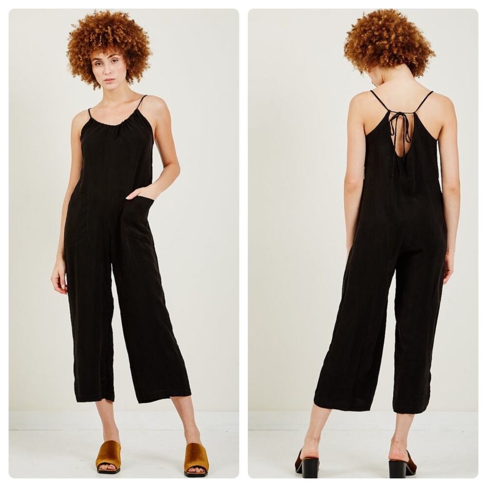 Stateside Womens Cupro Tie Back Vacation Chic Wide Leg Jumpsuit Size XS Black‎